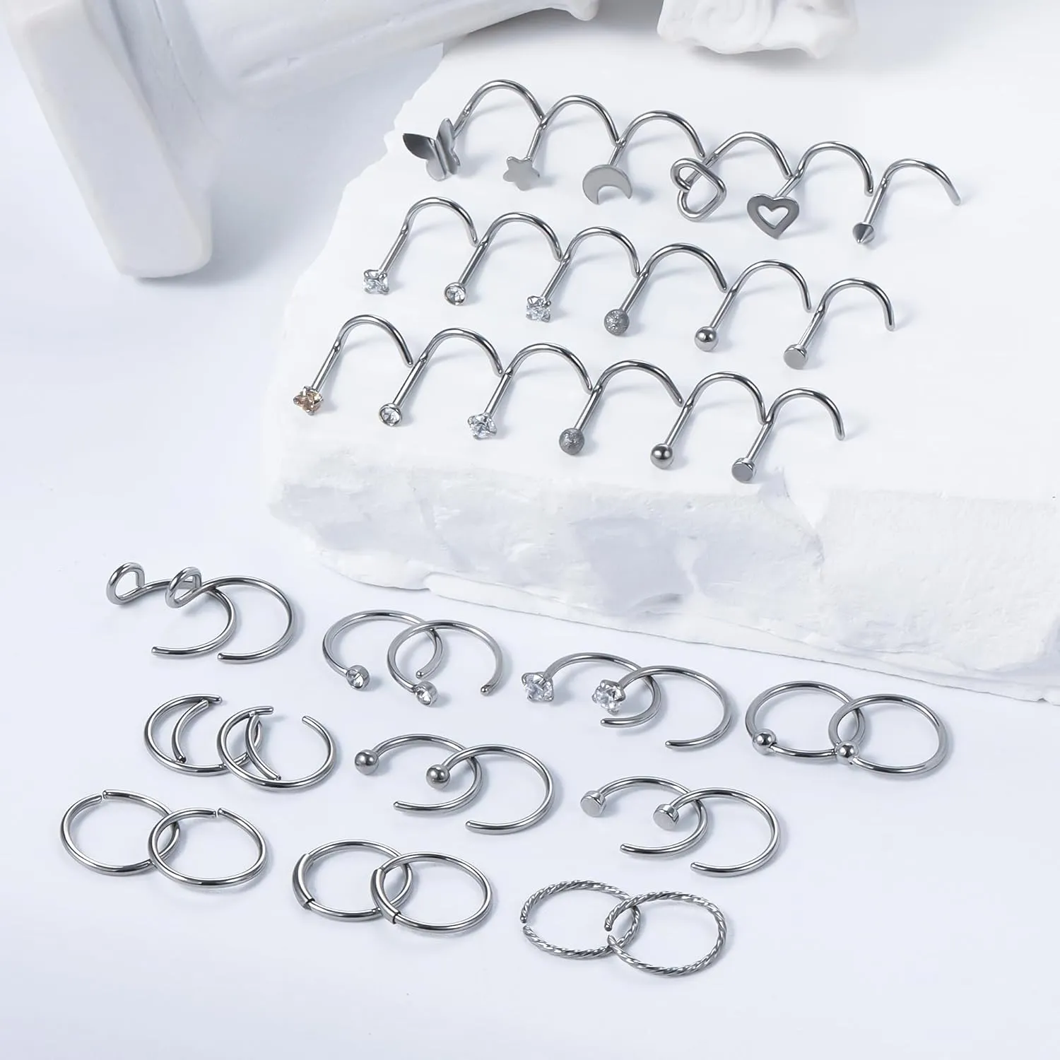 Vsnnsns 20G Nose Rings Studs Piercing Jewelry for Women 316L Surgical Stainless Steel L Shaped Corkscrew Straight Butterfly Heart Diamond CZ Hoop Nose Rings Studs Nostril Piercing Jewelry Silver Gold