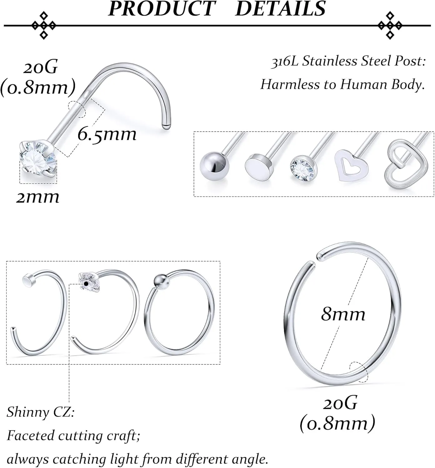 Vsnnsns 20G Nose Rings Studs Piercing Jewelry for Women 316L Surgical Stainless Steel L Shaped Corkscrew Straight Butterfly Heart Diamond CZ Hoop Nose Rings Studs Nostril Piercing Jewelry Silver Gold