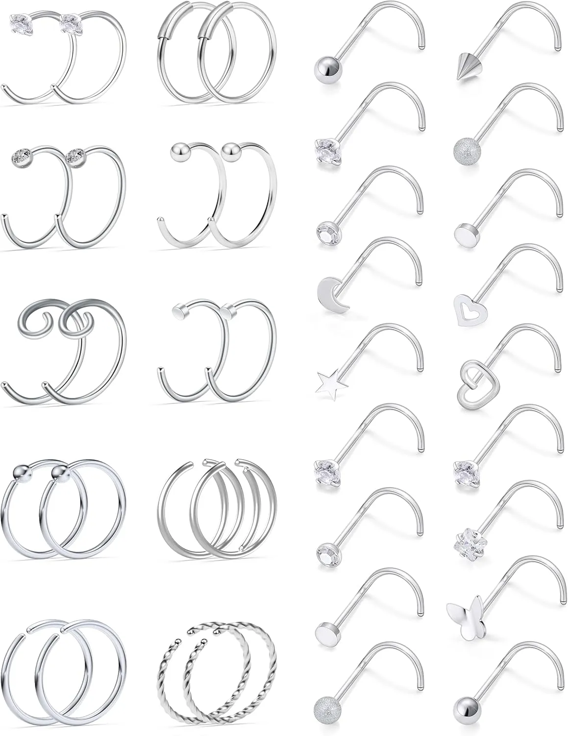 Vsnnsns 20G Nose Rings Studs Piercing Jewelry for Women 316L Surgical Stainless Steel L Shaped Corkscrew Straight Butterfly Heart Diamond CZ Hoop Nose Rings Studs Nostril Piercing Jewelry Silver Gold