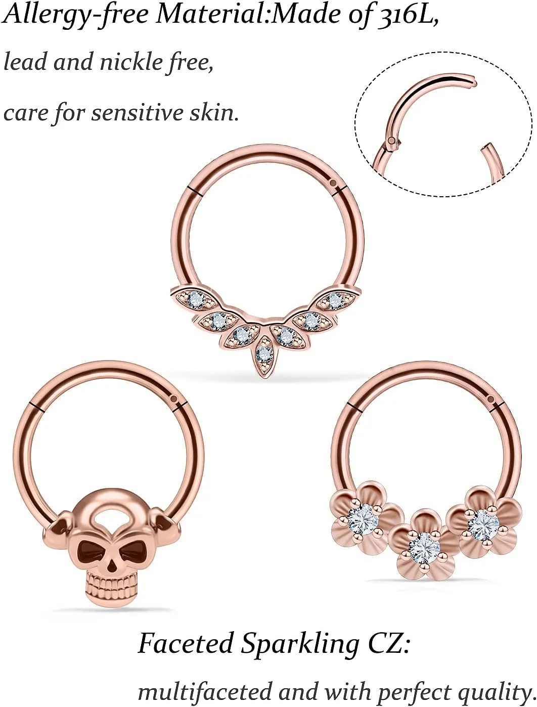 Vsnnsns Septum Ring 16G Stainless Steel Skull Septum Piercing Jewelry Clicker Flower Nose Ring Hoop Piercing Jewelry for Women Men Silver Black Rainbow Rose Gold 10mm