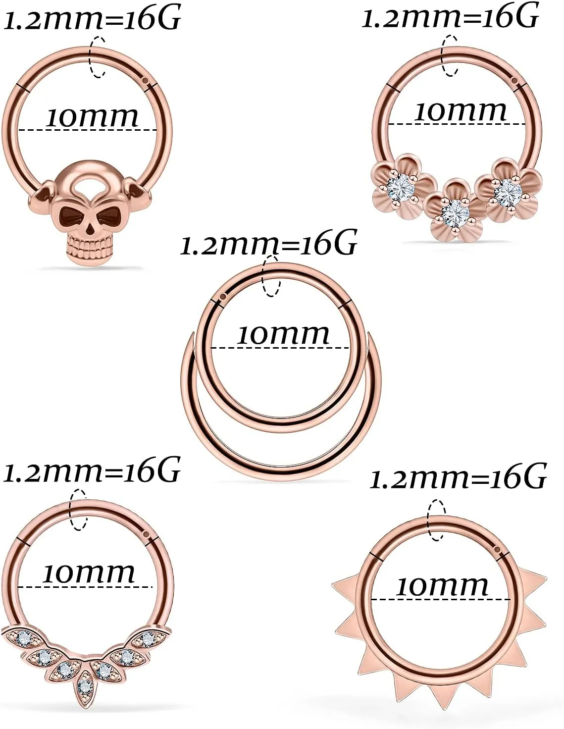 Vsnnsns Septum Ring 16G Stainless Steel Skull Septum Piercing Jewelry Clicker Flower Nose Ring Hoop Piercing Jewelry for Women Men Silver Black Rainbow Rose Gold 10mm