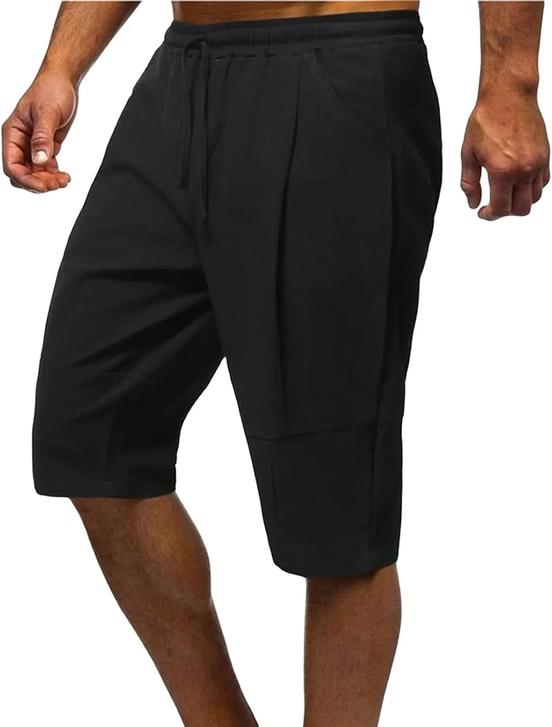 Wankang Mens Cotton Linen Shorts Summer Casual Elastic Waist Drawstring Vacation Beach Shorts Slim Fit Hawaii Shorts for Men