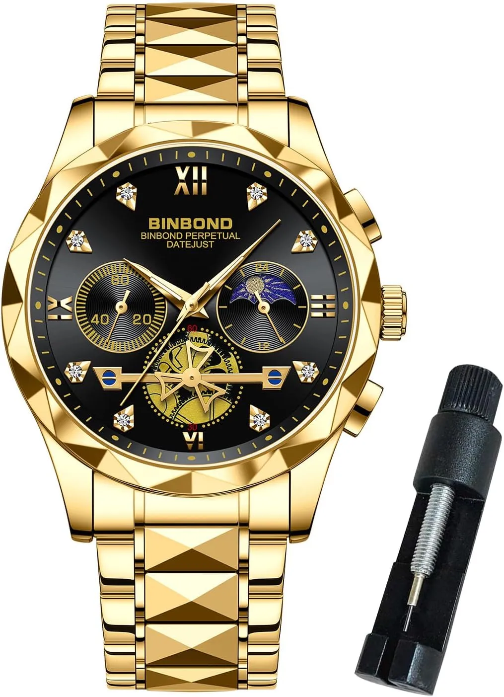 Watches for Men Stainless Steel Luxury Dress Business Diamond Roman Numeral Big Face Dial Multifunction Chronograph Mens Wrist Watch Waterproof Luminous