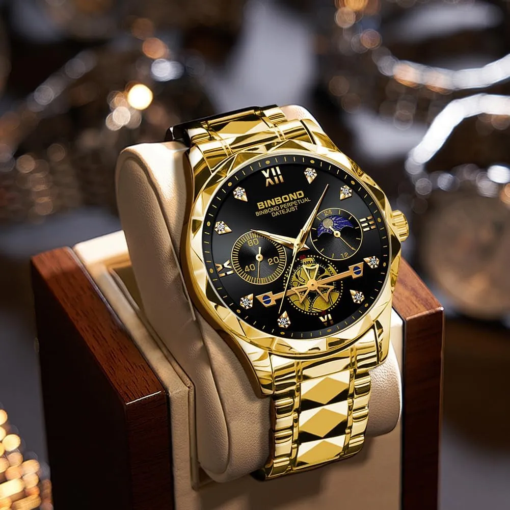 Watches for Men Stainless Steel Luxury Dress Business Diamond Roman Numeral Big Face Dial Multifunction Chronograph Mens Wrist Watch Waterproof Luminous