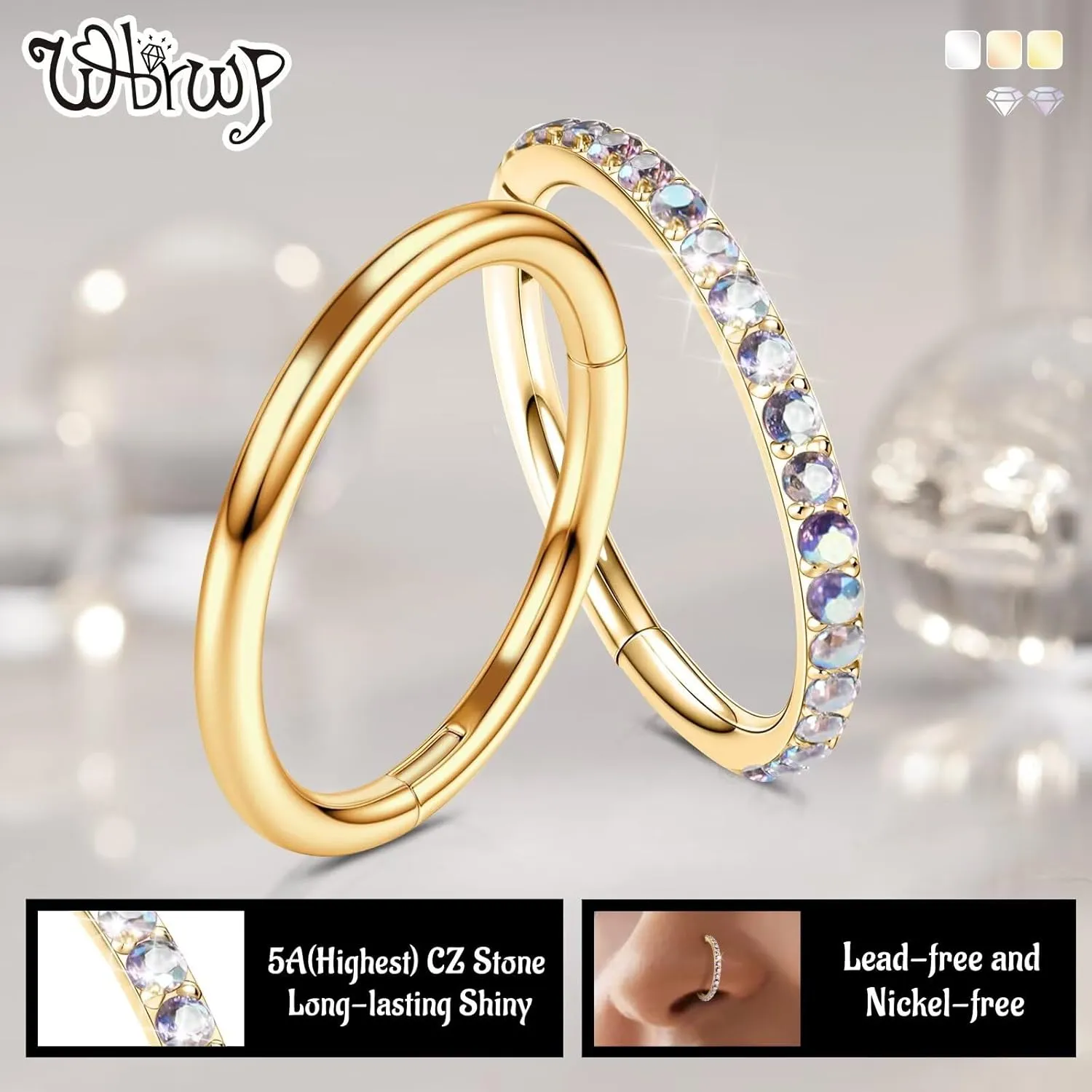 WBRWP 20G 18G 16G 14G Septum Rings Hoop: 2Pcs 316L Surgical Steel 8MM 10MM Cartilage Earring Hypoallergenic Hinged Nose Hoops Daith Conch Helix Tragus Piercing Jewelry