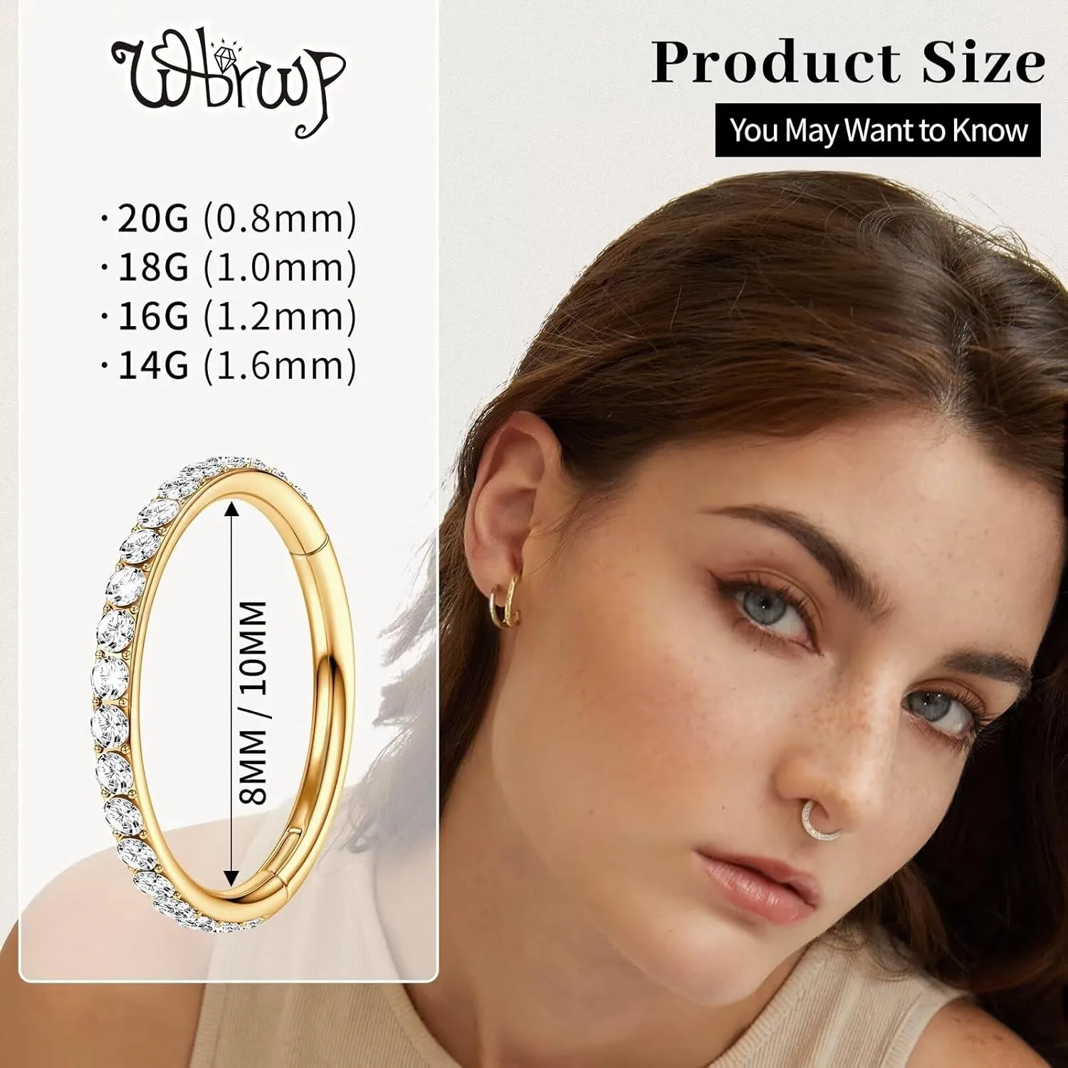WBRWP 20G 18G 16G 14G Septum Rings Hoop: 2Pcs 316L Surgical Steel 8MM 10MM Cartilage Earring Hypoallergenic Hinged Nose Hoops Daith Conch Helix Tragus Piercing Jewelry