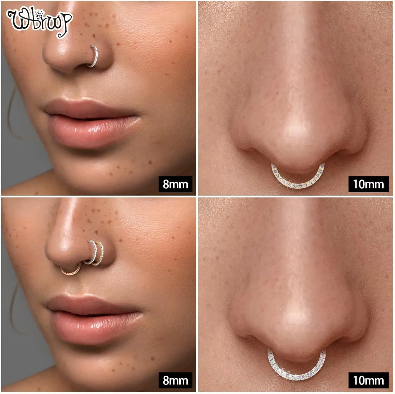 WBRWP 20G 18G 16G 14G Septum Rings Hoop: 2Pcs 316L Surgical Steel 8MM 10MM Cartilage Earring Hypoallergenic Hinged Nose Hoops Daith Conch Helix Tragus Piercing Jewelry