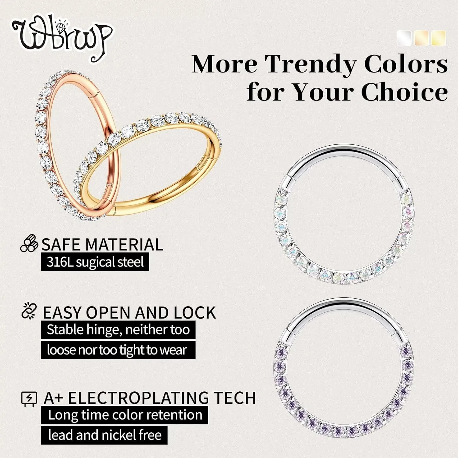 WBRWP 20G 18G 16G 14G Septum Rings Hoop: 2Pcs 316L Surgical Steel 8MM 10MM Cartilage Earring Hypoallergenic Hinged Nose Hoops Daith Conch Helix Tragus Piercing Jewelry