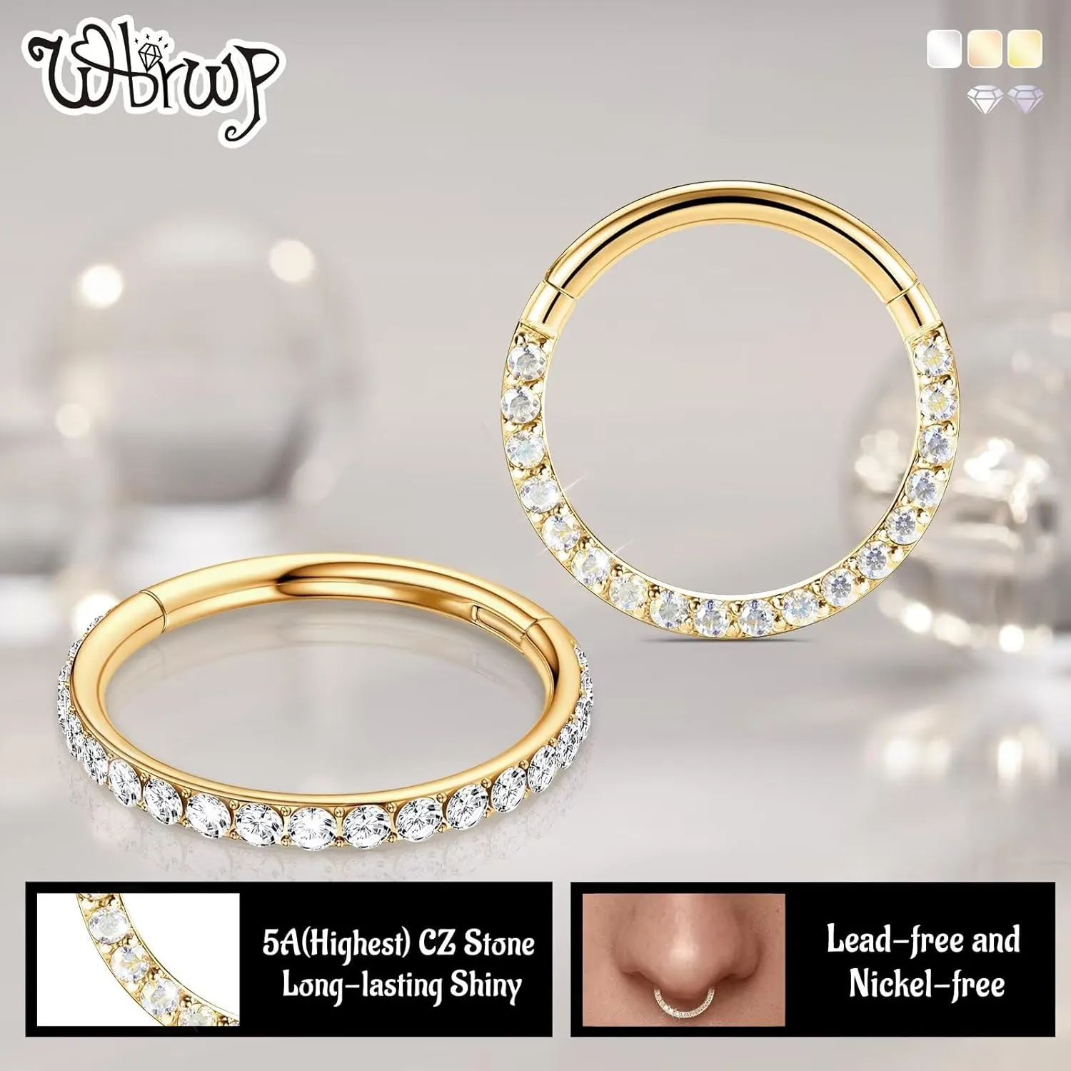 WBRWP 20G 18G 16G 14G Septum Rings Hoop: 2Pcs 316L Surgical Steel 8MM 10MM Cartilage Earring Hypoallergenic Hinged Nose Hoops Daith Conch Helix Tragus Piercing Jewelry