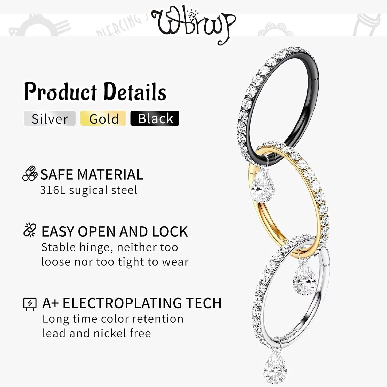 WBRWP 316L Stainless-Steel Piercing-Ring Hinged Nose-Rings-Hoop with Zircon/Opal 14G 16G 18G 20g Body Pierecing Ring Segment Clicker Lip Rings Cartilage Rook Earrings Diameter 8mm 10mm