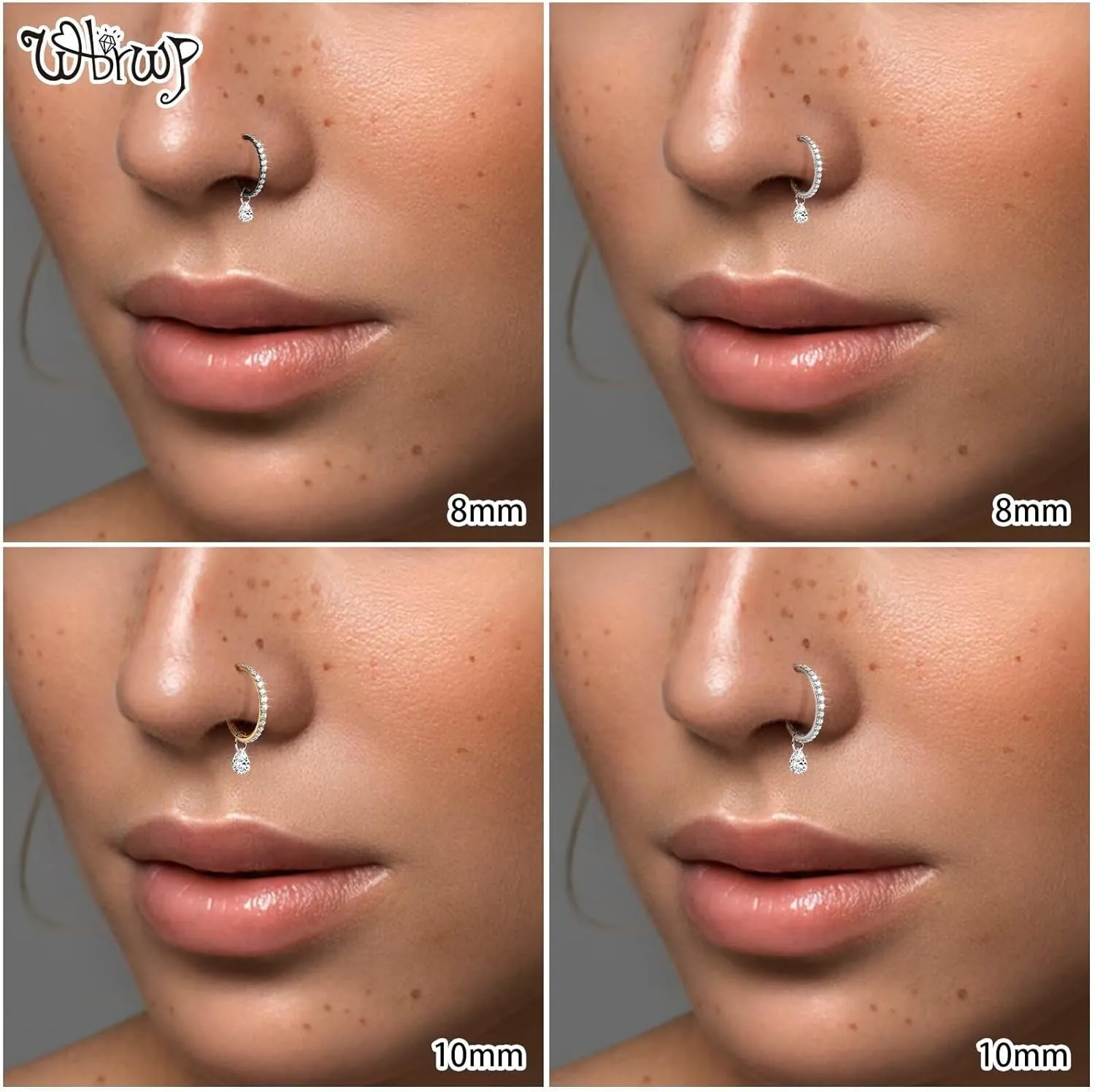 WBRWP 316L Stainless-Steel Piercing-Ring Hinged Nose-Rings-Hoop with Zircon/Opal 14G 16G 18G 20g Body Pierecing Ring Segment Clicker Lip Rings Cartilage Rook Earrings Diameter 8mm 10mm