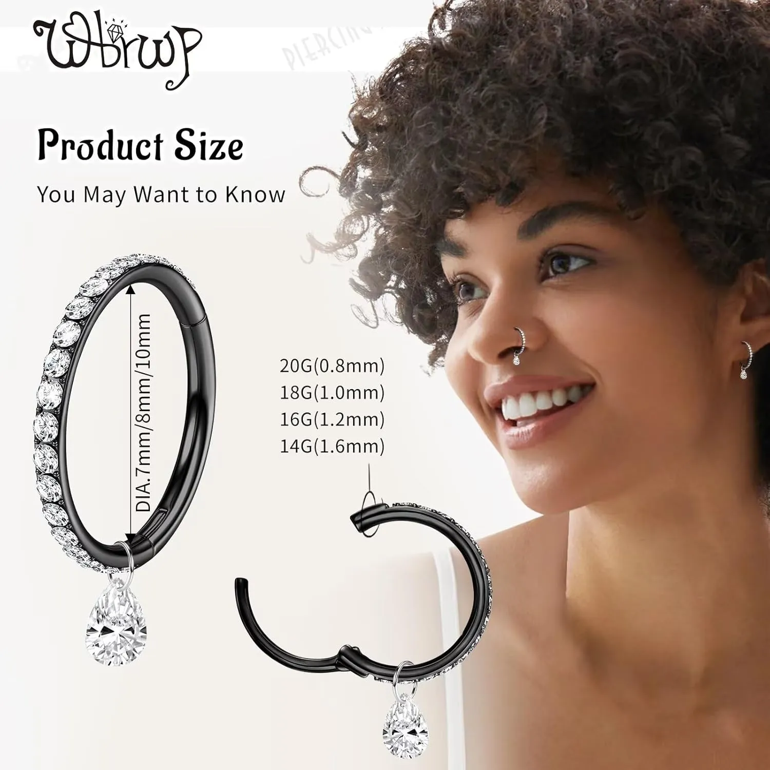 WBRWP 316L Stainless-Steel Piercing-Ring Hinged Nose-Rings-Hoop with Zircon/Opal 14G 16G 18G 20g Body Pierecing Ring Segment Clicker Lip Rings Cartilage Rook Earrings Diameter 8mm 10mm