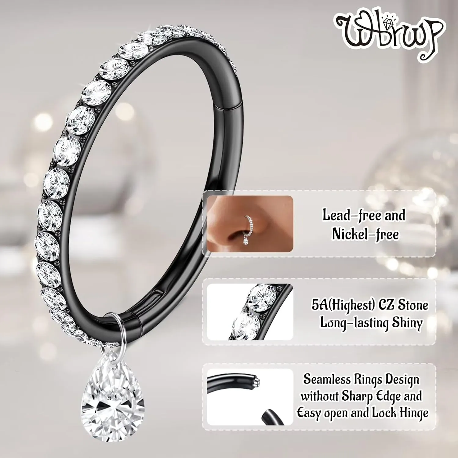 WBRWP 316L Stainless-Steel Piercing-Ring Hinged Nose-Rings-Hoop with Zircon/Opal 14G 16G 18G 20g Body Pierecing Ring Segment Clicker Lip Rings Cartilage Rook Earrings Diameter 8mm 10mm