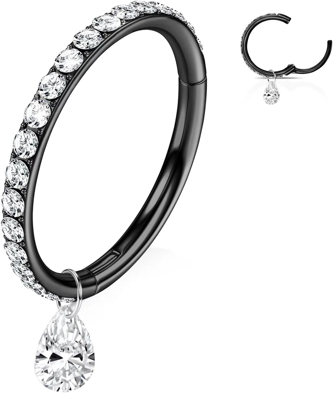 WBRWP 316L Stainless-Steel Piercing-Ring Hinged Nose-Rings-Hoop with Zircon/Opal 14G 16G 18G 20g Body Pierecing Ring Segment Clicker Lip Rings Cartilage Rook Earrings Diameter 8mm 10mm