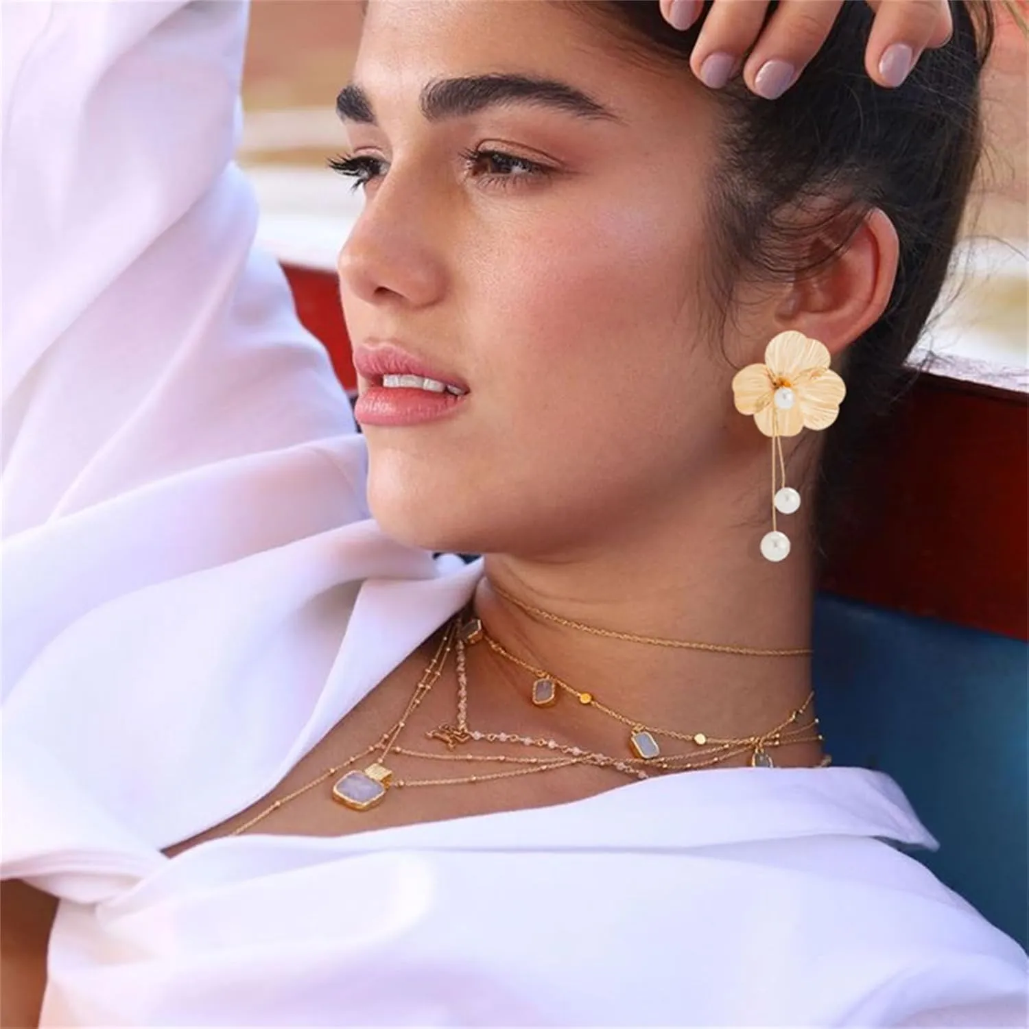 WCRAZYE Gold Flower Earrings for Women Exaggerated Flower Statement Earrings Large Metal Flower Earrings Bohemian Gold Elegant Flower Fashion Dangle Earring Chunky Floral Petal Earrings Trendy Jewelry