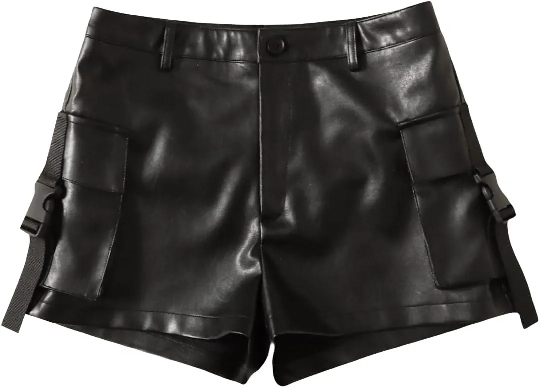 WDIRARA Women's High Waisted PU Leather Shorts Roll Hem Shorts with Pockets
