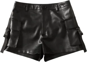 WDIRARA Women's High Waisted PU Leather Shorts Roll Hem Shorts with Pockets