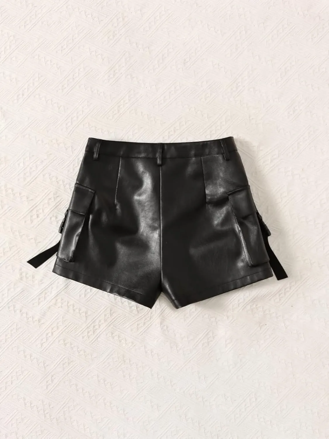 WDIRARA Women's High Waisted PU Leather Shorts Roll Hem Shorts with Pockets