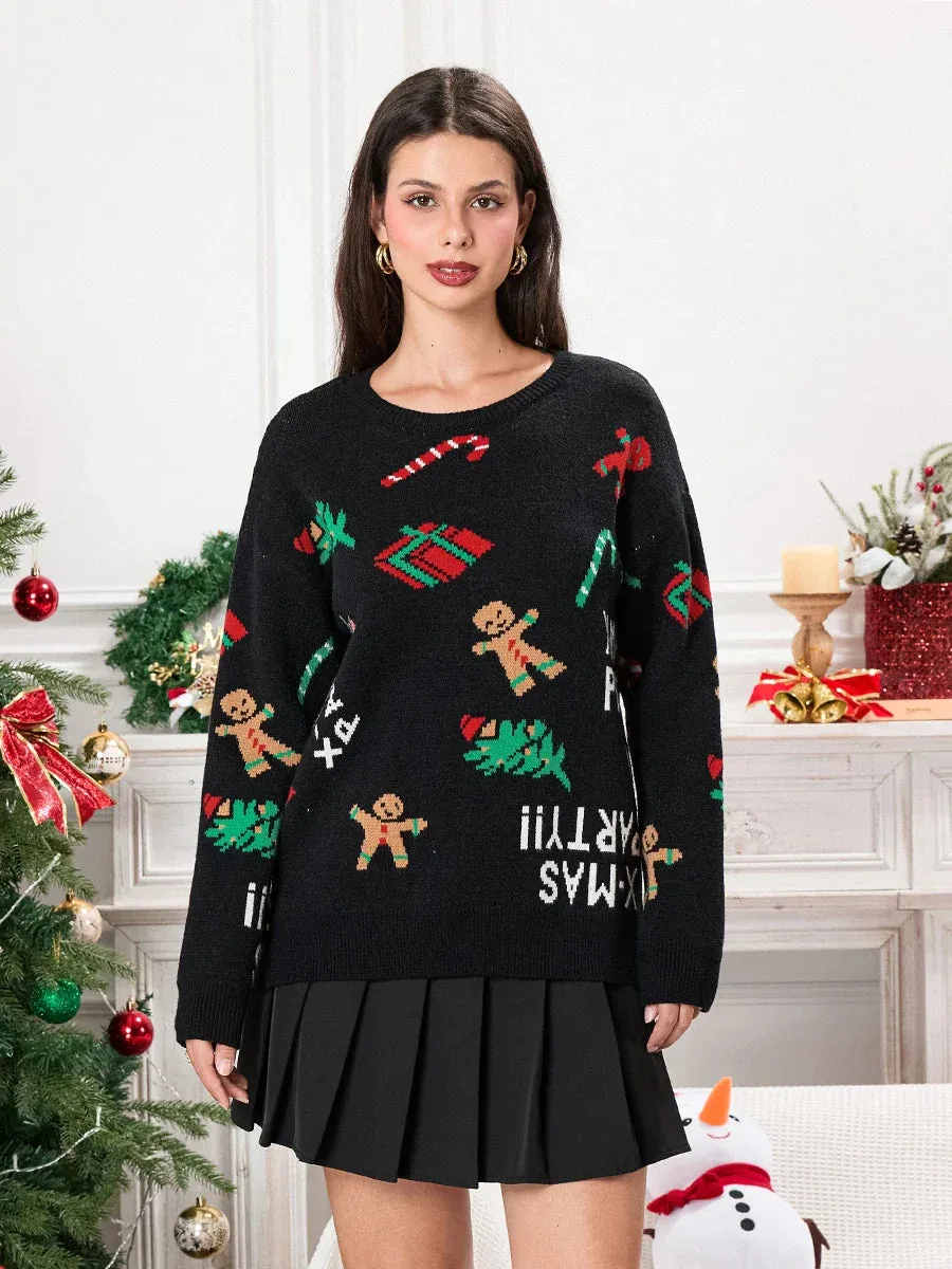 Wenkouban-Christmas Thanksgiving outfits_Drop Shoulder Gingerbread Man Pattern Long Sleeve Knit Christmas Sweater