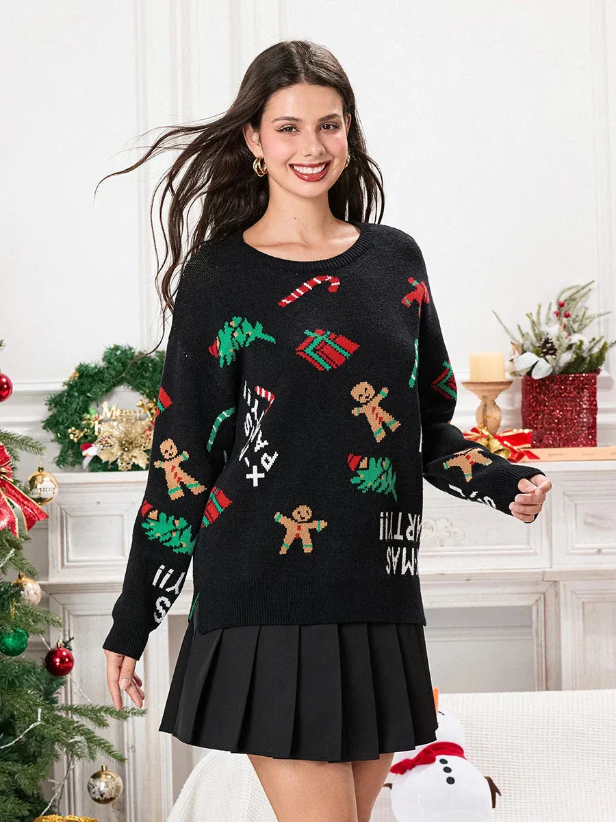 Wenkouban-Christmas Thanksgiving outfits_Drop Shoulder Gingerbread Man Pattern Long Sleeve Knit Christmas Sweater