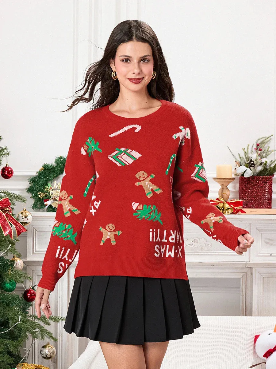 Wenkouban-Christmas Thanksgiving outfits_Drop Shoulder Gingerbread Man Pattern Long Sleeve Knit Christmas Sweater