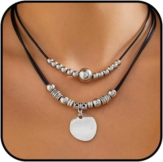Western Cowgirl Necklace for Women Boho Silver Layered Leather Necklaces Cowboy Country Heart Choker Necklaces Stacked Chunky Statement Beaded Rodeo Jewelry
