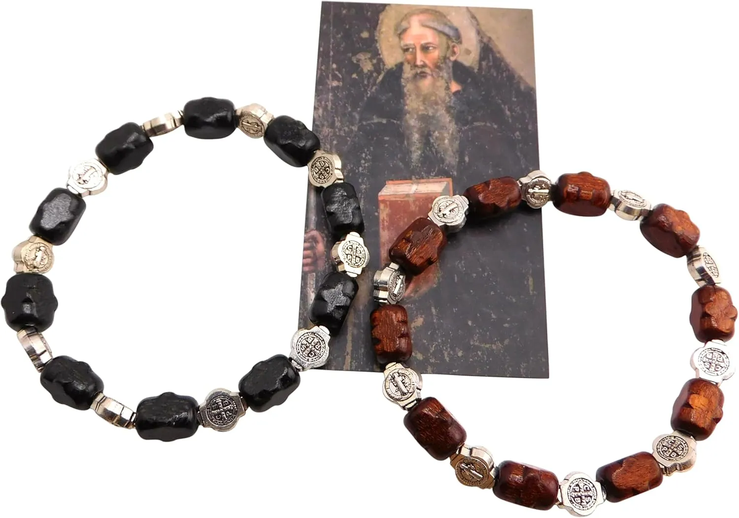 Westmon Works St Benedict Bracelet Pack Wood with Metal Medallion Charms with Holy Cards, Set of 2