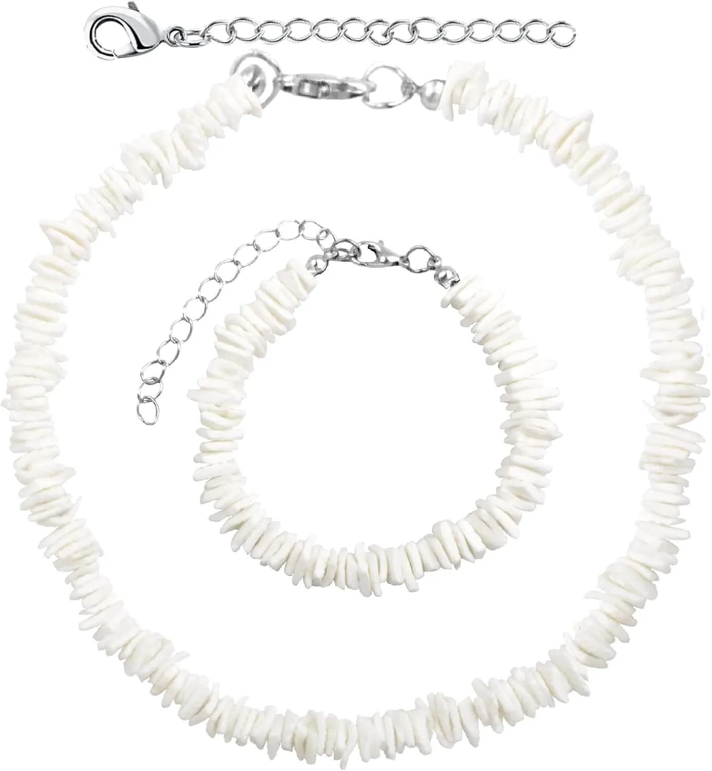 White Puka Shell Necklace Hawaiian Seashell Beach Surfer Choker Adjustable Handmade Beaded Summer Pooka Shells Clam Chips Necklace Bracelet Jewelry Set for Adult Teens Men Women