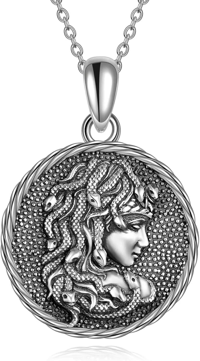 WINNICACA S925 Sterling Silver Medusa Snake/St Christopher Necklace Protection Amulet Pendant Catholic Medallions Jewelry Gift for Men Women