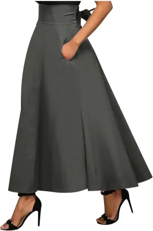 Women Casual Tie High Waisted Pleated Maxi Skirt with Pockets Solid Color Long Vintage Strappy Skirt Business Dress