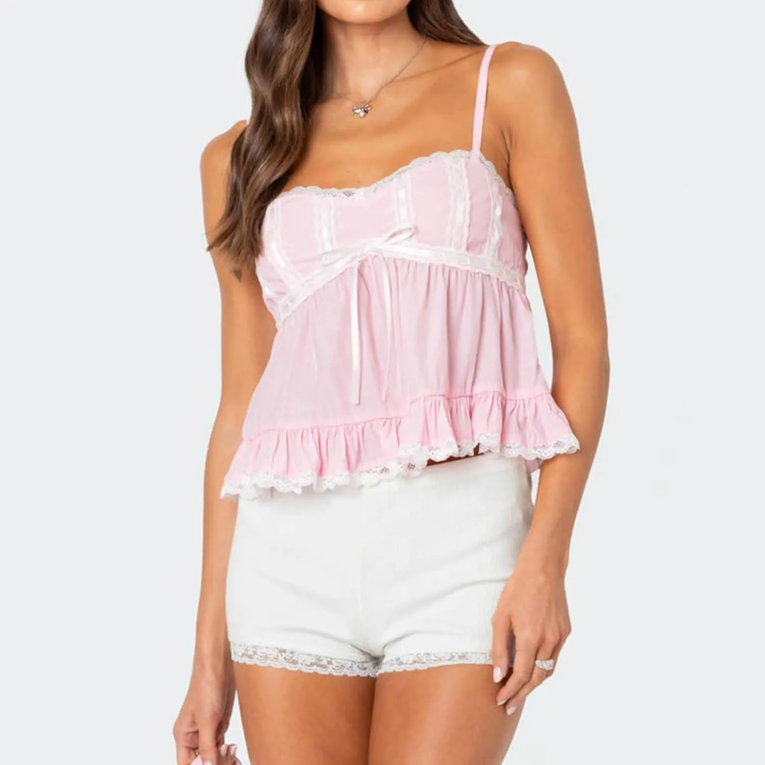 Women Fairy Y2k Lace Trim Spaghetti Strap Camisole Babydoll Sleeveless V Neck Slim Fit Backless Going Out Cami Tops