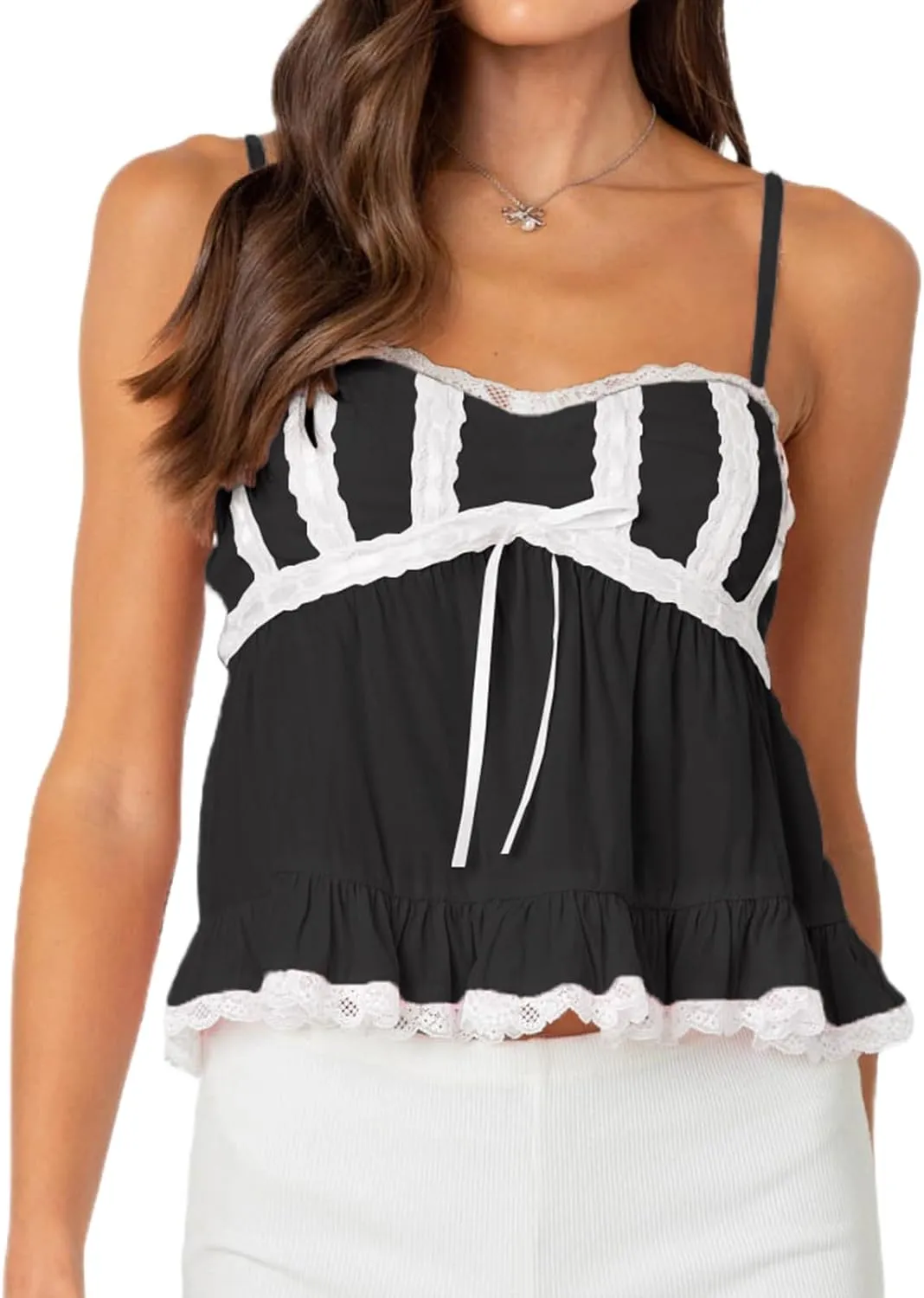 Women Fairy Y2k Lace Trim Spaghetti Strap Camisole Babydoll Sleeveless V Neck Slim Fit Backless Going Out Cami Tops