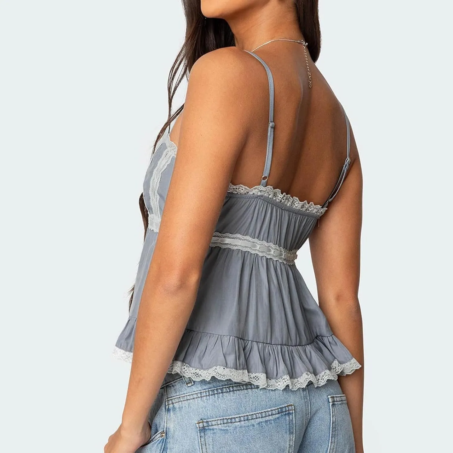 Women Fairy Y2k Lace Trim Spaghetti Strap Camisole Babydoll Sleeveless V Neck Slim Fit Backless Going Out Cami Tops