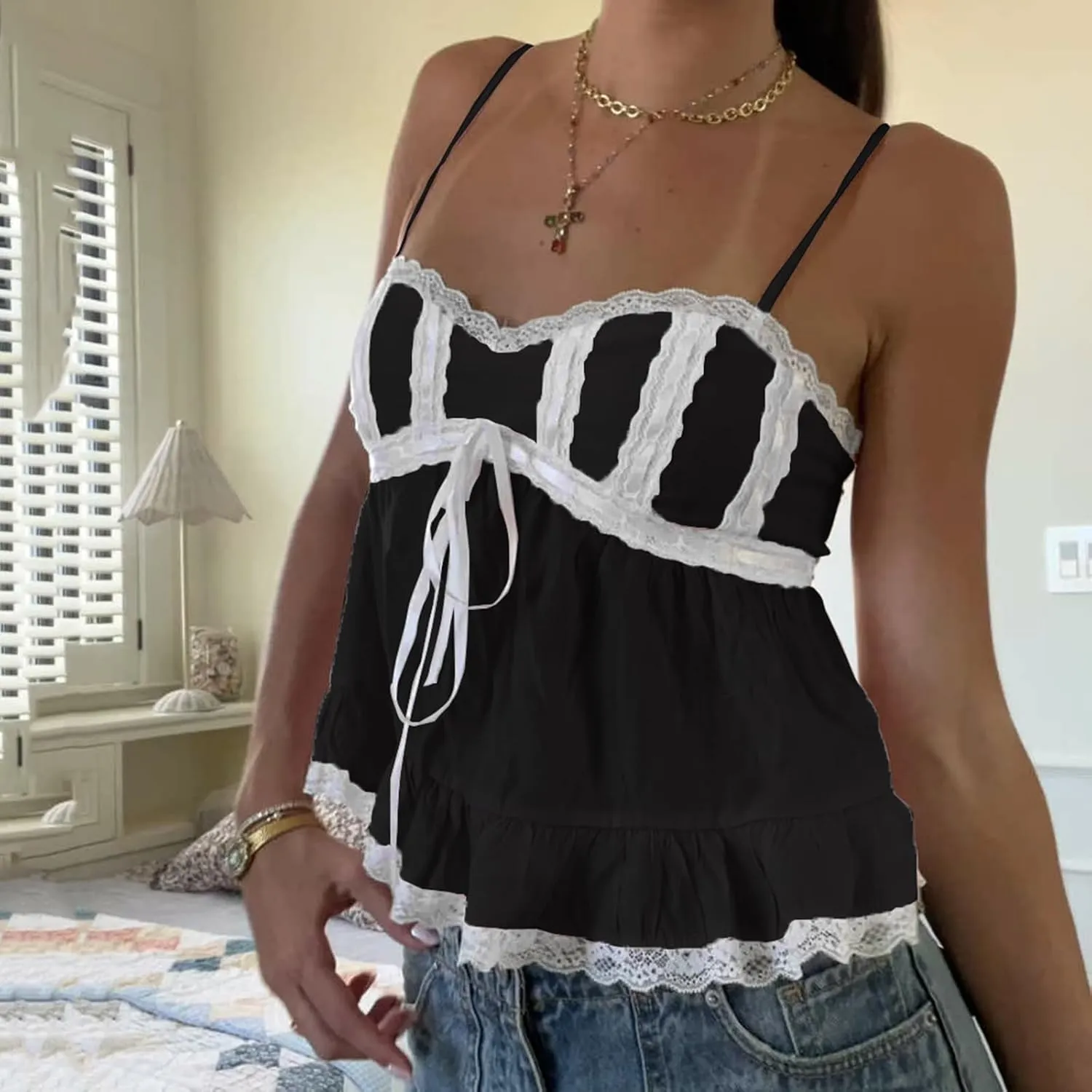 Women Fairy Y2k Lace Trim Spaghetti Strap Camisole Babydoll Sleeveless V Neck Slim Fit Backless Going Out Cami Tops