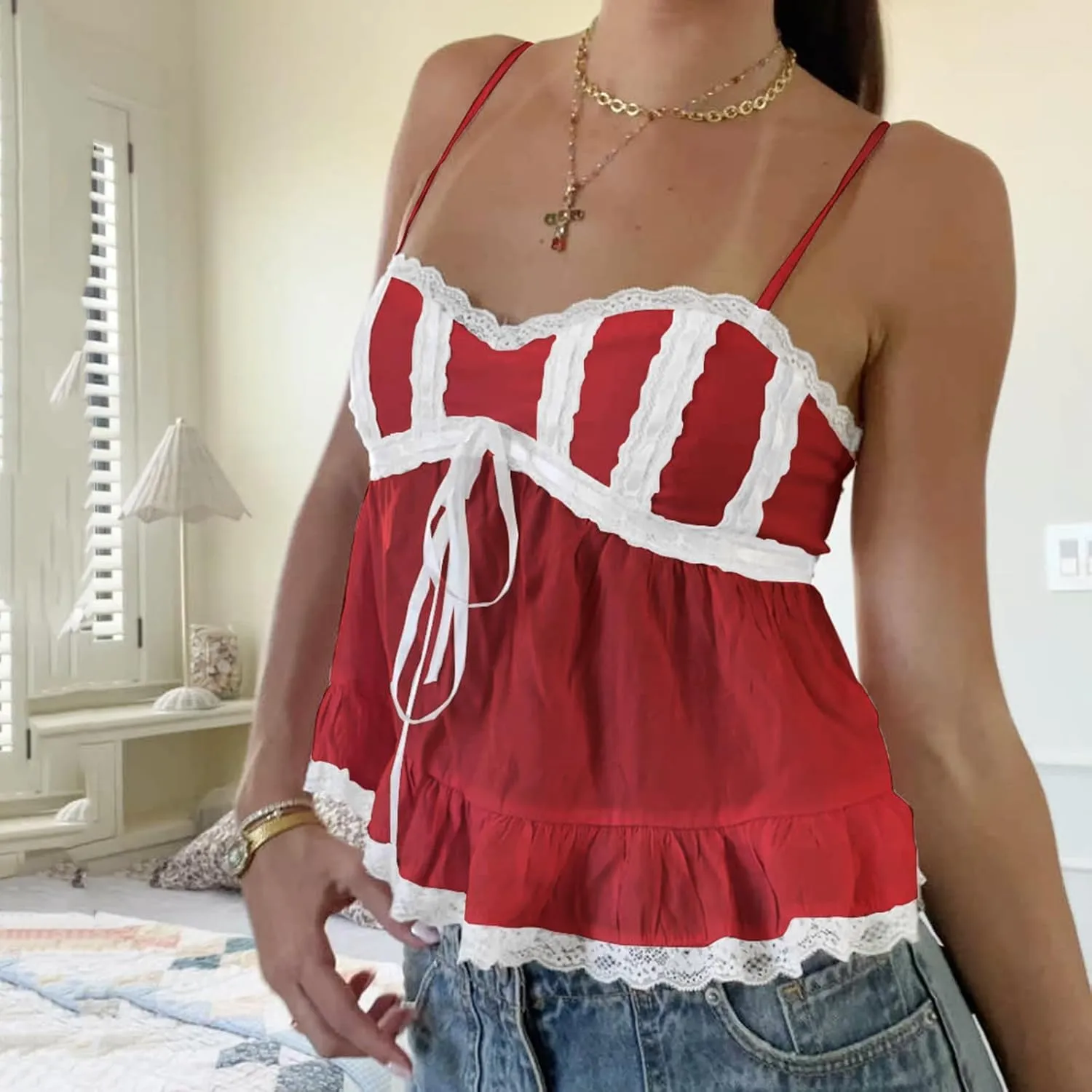 Women Fairy Y2k Lace Trim Spaghetti Strap Camisole Babydoll Sleeveless V Neck Slim Fit Backless Going Out Cami Tops