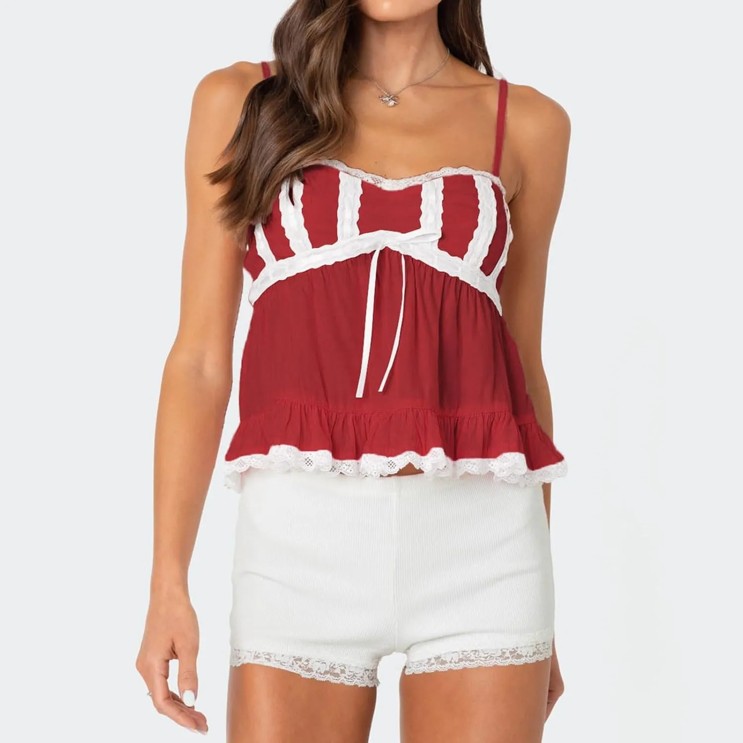 Women Fairy Y2k Lace Trim Spaghetti Strap Camisole Babydoll Sleeveless V Neck Slim Fit Backless Going Out Cami Tops