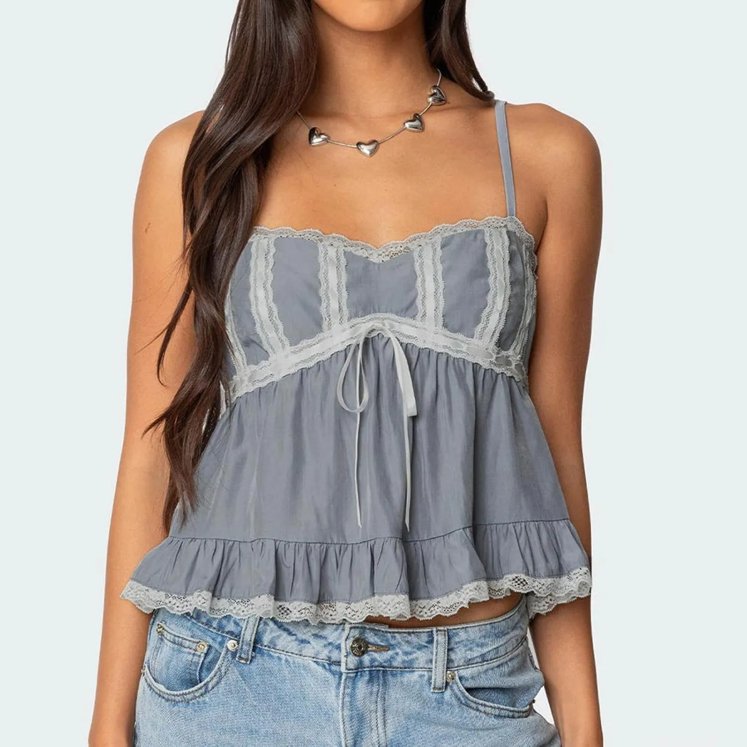Women Fairy Y2k Lace Trim Spaghetti Strap Camisole Babydoll Sleeveless V Neck Slim Fit Backless Going Out Cami Tops
