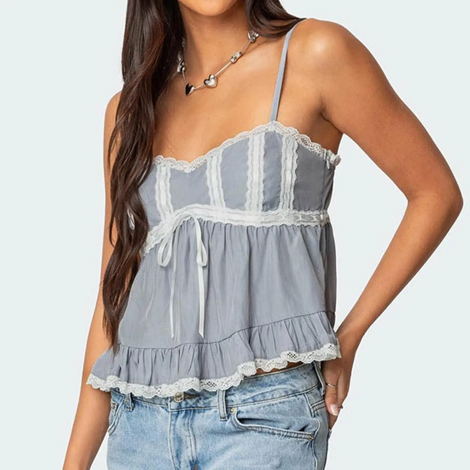 Women Fairy Y2k Lace Trim Spaghetti Strap Camisole Babydoll Sleeveless V Neck Slim Fit Backless Going Out Cami Tops