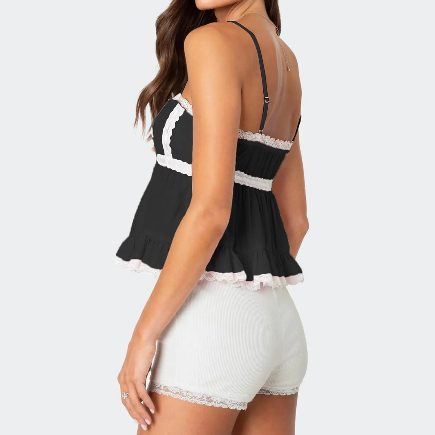 Women Fairy Y2k Lace Trim Spaghetti Strap Camisole Babydoll Sleeveless V Neck Slim Fit Backless Going Out Cami Tops
