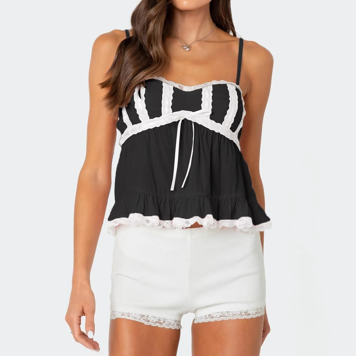 Women Fairy Y2k Lace Trim Spaghetti Strap Camisole Babydoll Sleeveless V Neck Slim Fit Backless Going Out Cami Tops