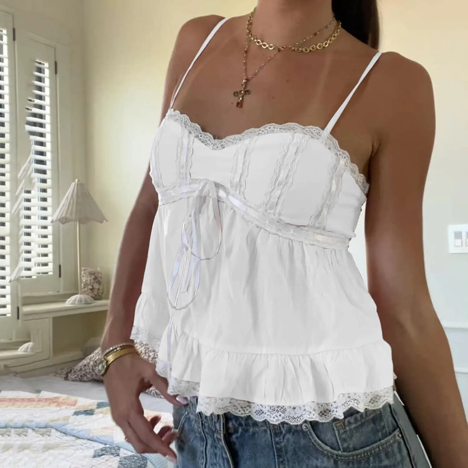 Women Fairy Y2k Lace Trim Spaghetti Strap Camisole Babydoll Sleeveless V Neck Slim Fit Backless Going Out Cami Tops