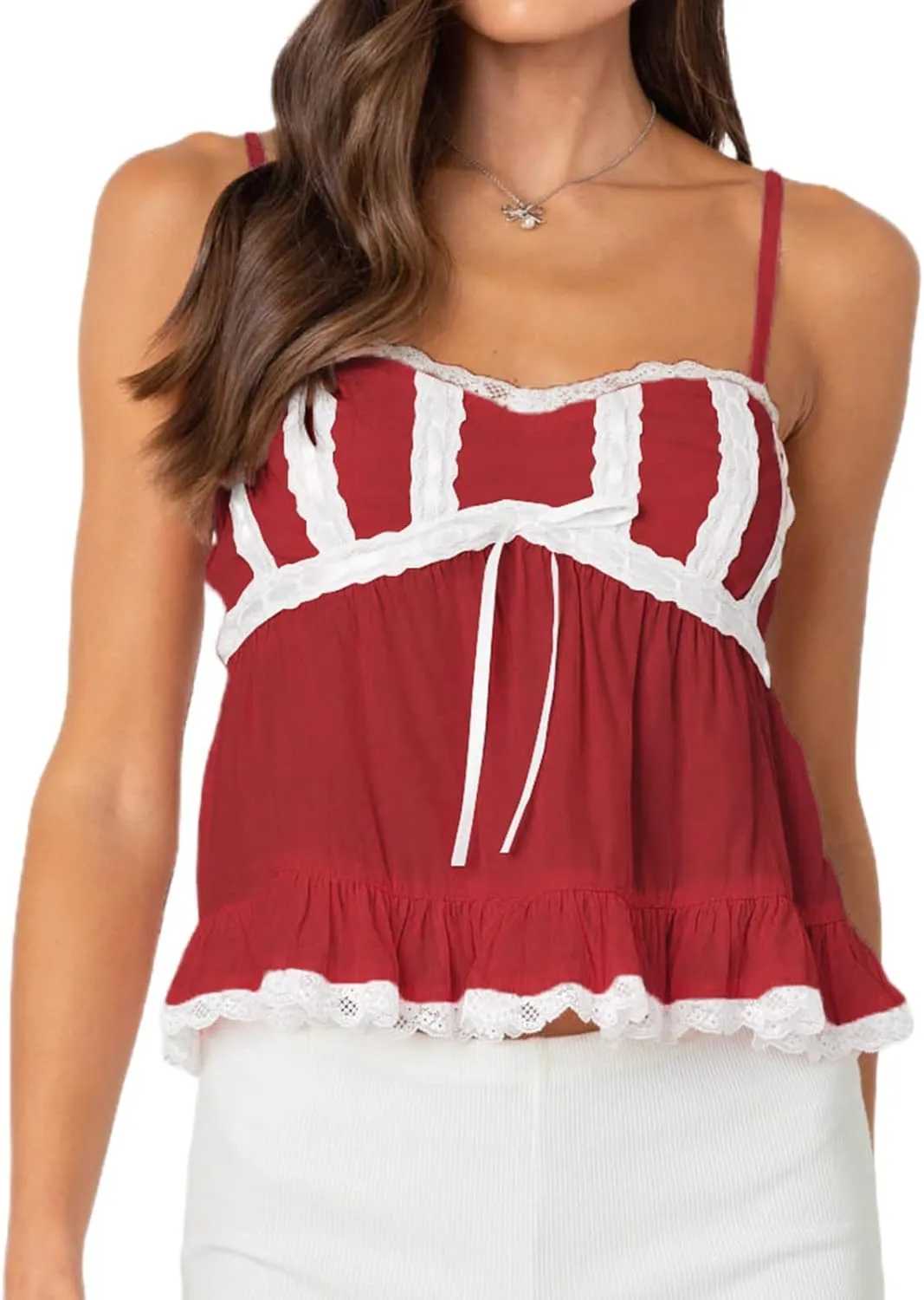 Women Fairy Y2k Lace Trim Spaghetti Strap Camisole Babydoll Sleeveless V Neck Slim Fit Backless Going Out Cami Tops
