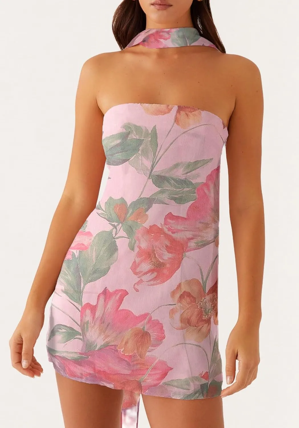 Women Floral Strapless Tube Mini Dress Y2K Flower Backless Bodycon Summer Formal Cocktail Short Dress with Scarf