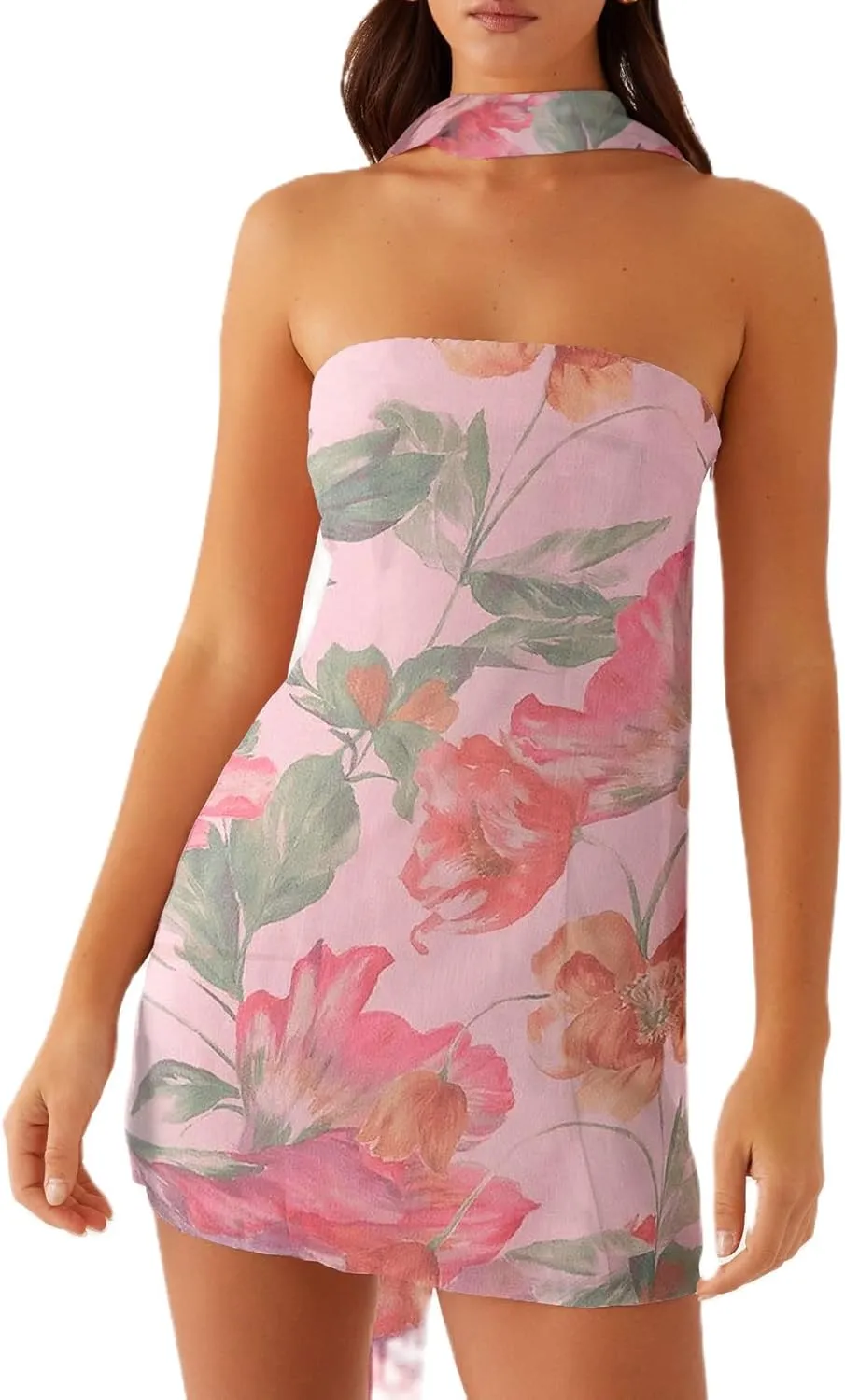 Women Floral Strapless Tube Mini Dress Y2K Flower Backless Bodycon Summer Formal Cocktail Short Dress with Scarf