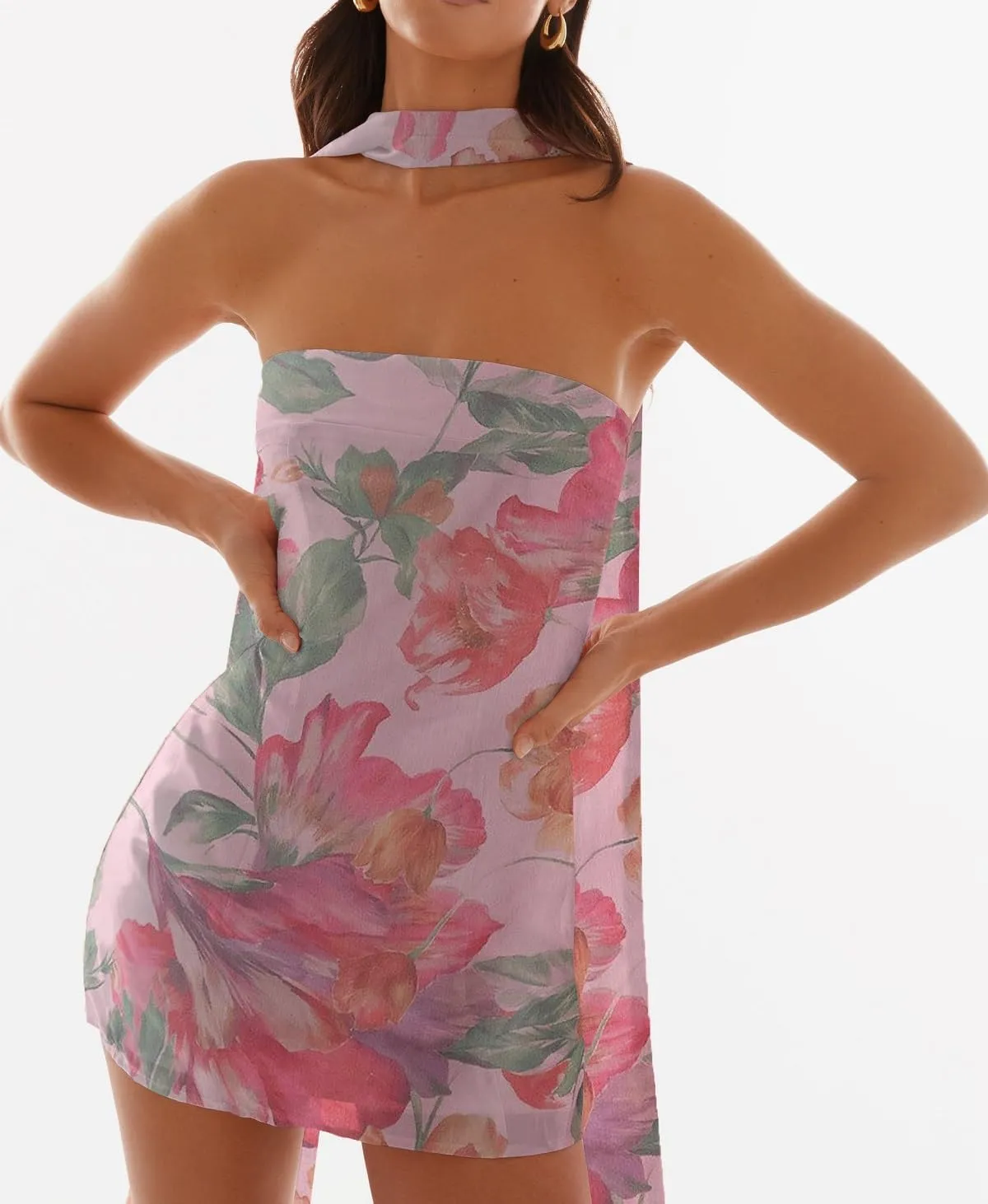 Women Floral Strapless Tube Mini Dress Y2K Flower Backless Bodycon Summer Formal Cocktail Short Dress with Scarf