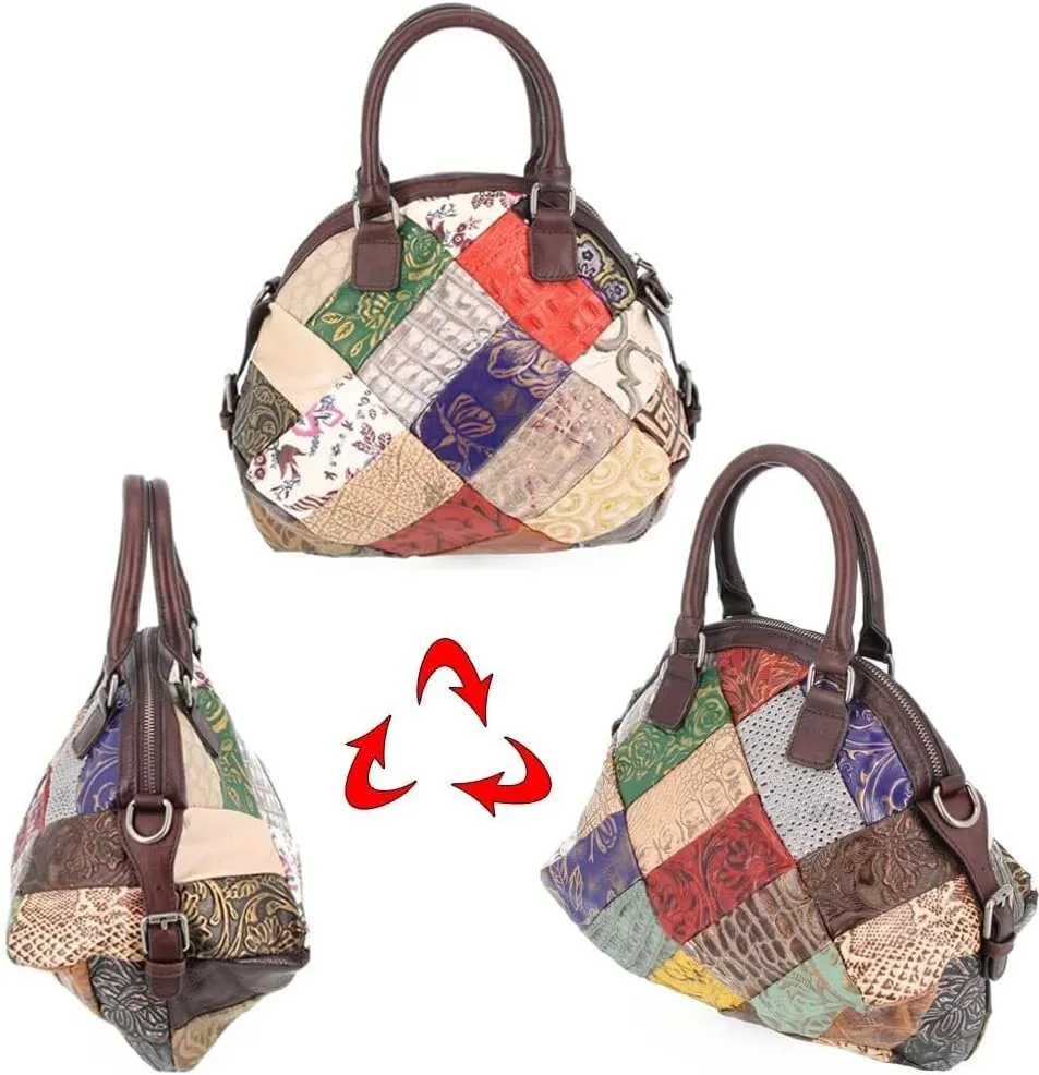 Women Handbags Genuine Leather Multicolor Square Splice Satchel Tote Purse with Long Strap Top Handle Handbags