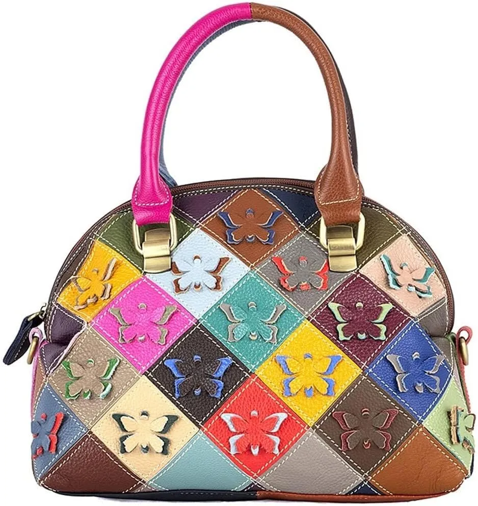 Women Handbags Genuine Leather Multicolor Square Splice Satchel Tote Purse with Long Strap Top Handle Handbags