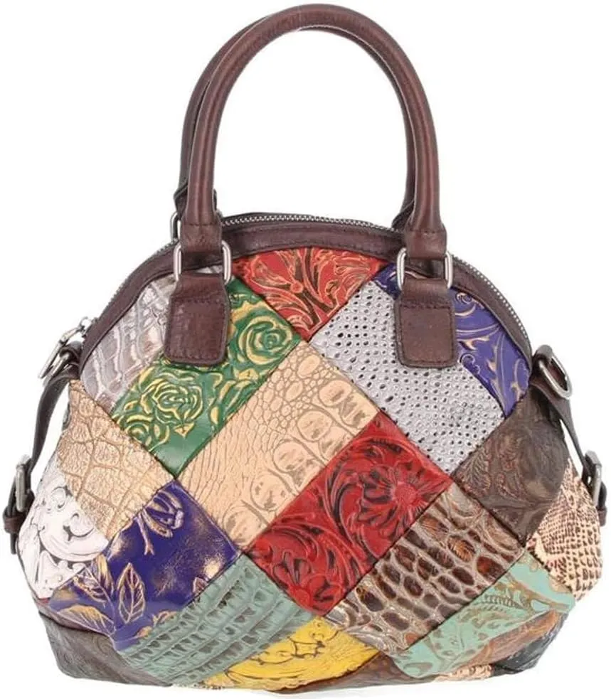 Women Handbags Genuine Leather Multicolor Square Splice Satchel Tote Purse with Long Strap Top Handle Handbags