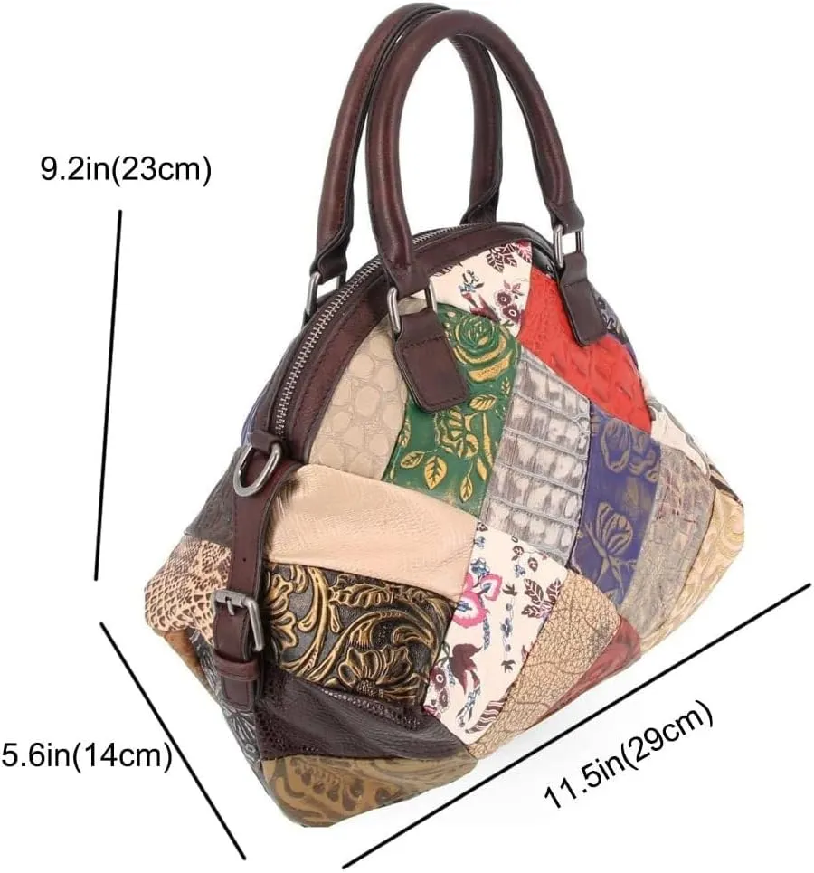 Women Handbags Genuine Leather Multicolor Square Splice Satchel Tote Purse with Long Strap Top Handle Handbags