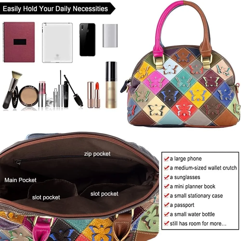Women Handbags Genuine Leather Multicolor Square Splice Satchel Tote Purse with Long Strap Top Handle Handbags